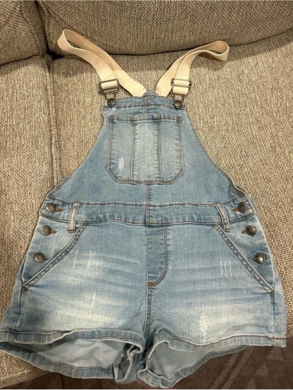 BONGO Light Blue Denim Short Overalls with Cream Straps